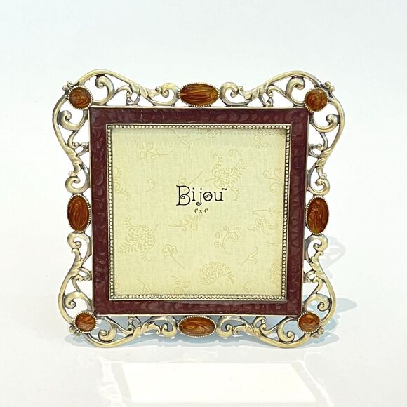BIJOU Photo Frame Enamel Metal Ornate Agate Stone Photo 4X4 Home Decor - Picture 1 of 7